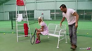 Older coach risks pounding petite teen's tight ass first time on tennis court