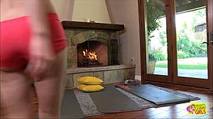 Yoga stretch turns into scissoring orgasm with cute brunette lez?