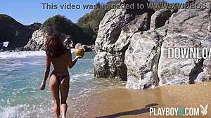 Tiny Mexican teen Carolina Reyes strips on beach for Playboy