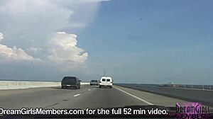 Topless Brunette Flashes Big Tits in Convertible Over Skyway Bridge