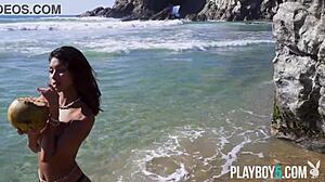 Tiny Mexican teen Carolina Reyes strips on beach for Playboy