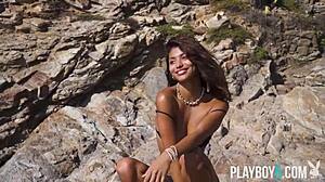 Tiny Mexican teen Carolina Reyes strips on beach for Playboy