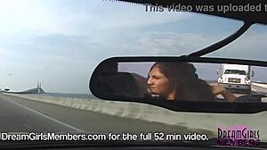 Topless Brunette Flashes Big Tits in Convertible Over Skyway Bridge