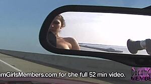 Topless Brunette Flashes Big Tits in Convertible Over Skyway Bridge