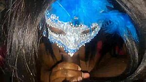 Masked Ebony Swallows Cum After Deep Face Fucking Blowjob