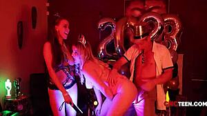 Simp American MILF freeused in wild New Year's threesome party fuck