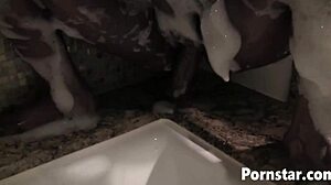 chocolate ebony bbw haze tittyfucks dildo rides in steamy bathtub shower