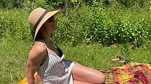 wife in dress takes husband's friend creampie outdoors?