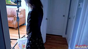 Nerdy brunette Hazel O'Connor fingers shaved pussy deep then deepthroats in POV domination