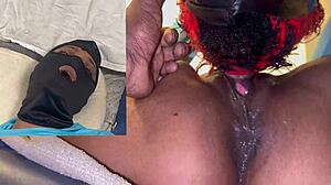 Masked ebony squirts dripping wet on huge dildo orgasm