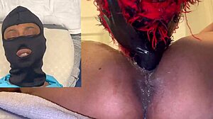 Masked ebony squirts dripping wet on huge dildo orgasm