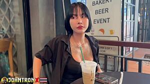 johntronx takes skinny asian dell outdoors for anal creampie pounding