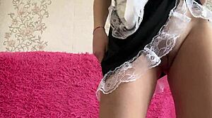 maid strokes her hairy pussy to shaking orgasm