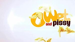 Wet pants brunette squirts dildo closeup pussy fingering orgasm