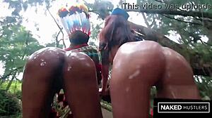 yo, check these thick ebony and curvy white baddies deepthroating cock outdoors in the woods