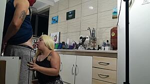 he bends hot blonde stepmom over kitchen counter for deep ass pounding