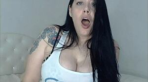 huge tits brunette babe squirts hard in t-shirt homemade webcam show