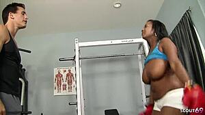 Curvy ebony with bouncing natural tits seduces coach for rough interracial at fitness