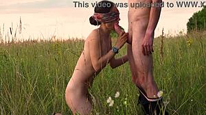 Sexy Brunette Sucks Cock Deep and Swallows Cum Outdoors