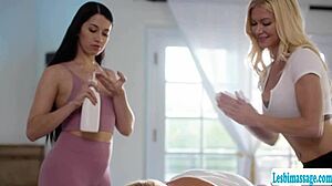 Booty blonde's pussy devoured by horny wife and skilled masseuse