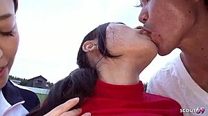 Older Japanese Couple Seduces Skinny Teen to Outdoor FFM Creampie Threesome