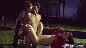 Older Japanese Couple Seduces Skinny Teen to Outdoor FFM Creampie Threesome