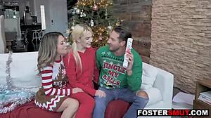 Stepdaughter Offers Her Tight Body to Horny Step Parents for Foster Home Threesome at Christmas