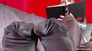 Anthracite nylon feet tease rubbing close to face