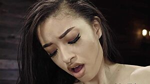 Skinny Brunette Petite Babe Squirts on Kinky Machine Dildo