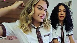 Innocent Girls Kiss Curly Brunette Lesbian Tease