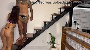 Neighbor's wife loves creampie fuck on stairs