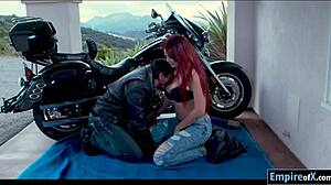 Huge tits redhead babe rides monster cock outdoors deepthroat pounding