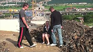 young blonde cutie takes hard public pounding from two guys