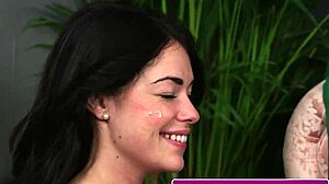 glam beauty sucks cock then takes massive facial cumshot close up