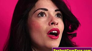 glam beauty sucks cock then takes massive facial cumshot close up