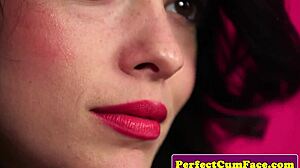 glam beauty sucks cock then takes massive facial cumshot close up