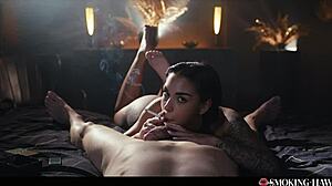 pov sexy tattoo brunette latina smokes while sucking cock slow