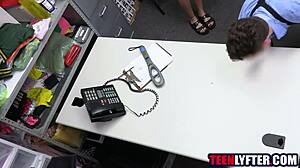 blonde teen thief gags on mall cop's cock then fucks him deepthroat style!