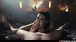pov sexy tattoo brunette latina smokes while sucking cock slow