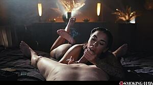 pov sexy tattoo brunette latina smokes while sucking cock slow