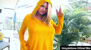 busty blonde vicky vette slurps boyfriend's cock outside