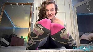 housewife flashes pierced tits bare feet socks and black asshole