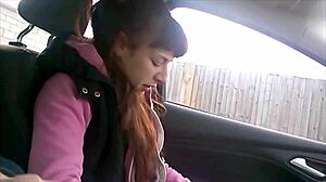 Slutty Teen Strips in Car for Deep Blowjob Cum Gulp!