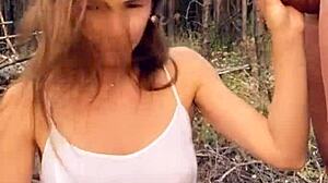 hey, this horny babe sucks cock then fucks hard outdoors!