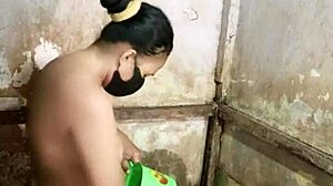 Housewife Masturbates Hairy Pussy in Bathroom Close-Up