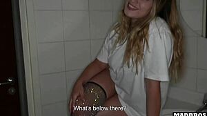 Spanish beauty bent over toilet again for rough double anal pounding and dark cumshot