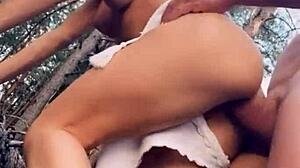 hey, this horny babe sucks cock then fucks hard outdoors!