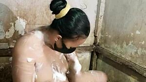 Housewife Masturbates Hairy Pussy in Bathroom Close-Up