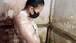 Housewife Masturbates Hairy Pussy in Bathroom Close-Up