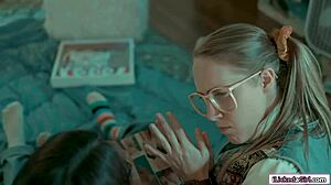 Nerdy Babe with Big Tits Scissoring Hairy Lesbian Friend